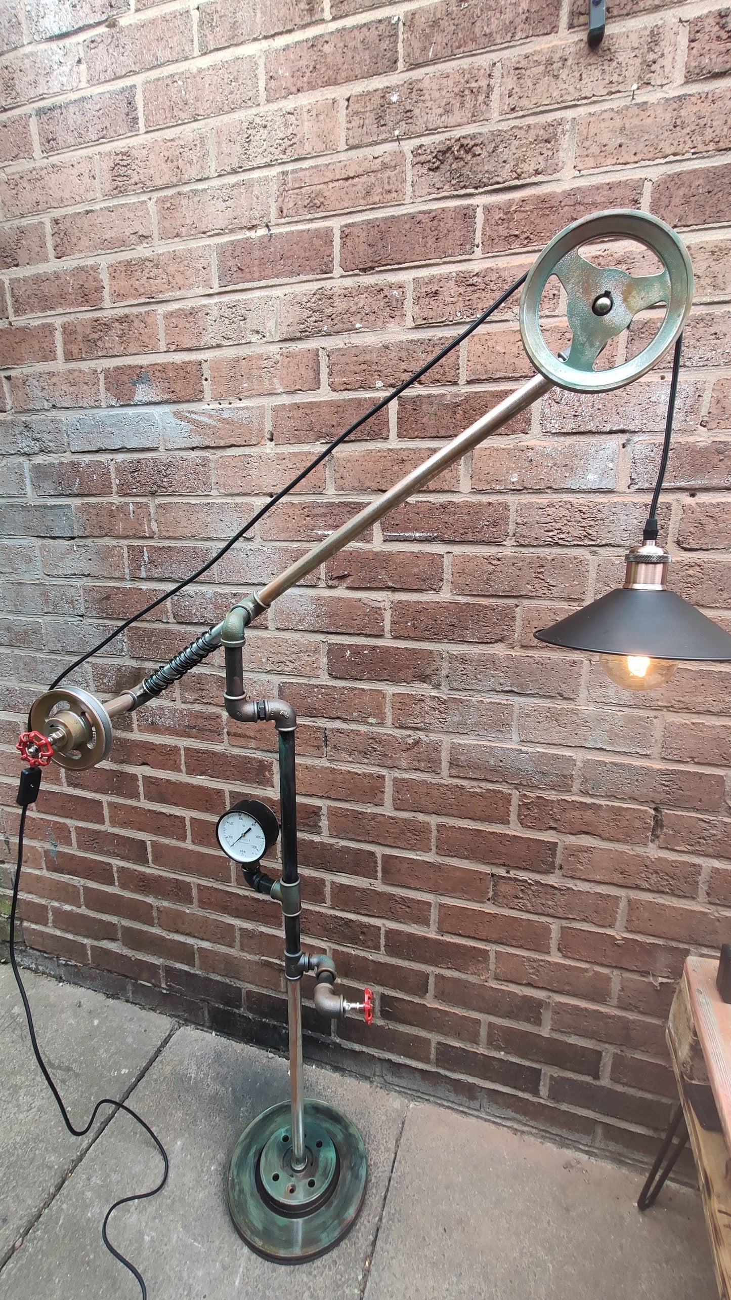 Retro Industrial Steampunk Floor Lamp with Red Lampshades - Handmade Vintage Pipe and Pulley Design - Metal Iron Construction, Patina Finish