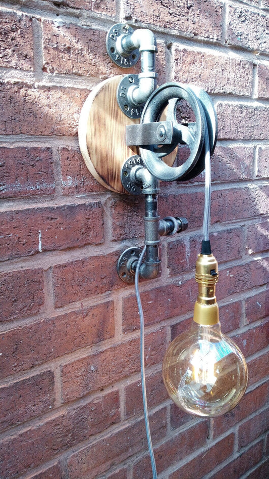 Retro Industrial Steampunk Hanging Lamp with Vintage Style Pulley Wheel & Big Bulb, Handmade Metal Pipe Fixture with Patina Finish