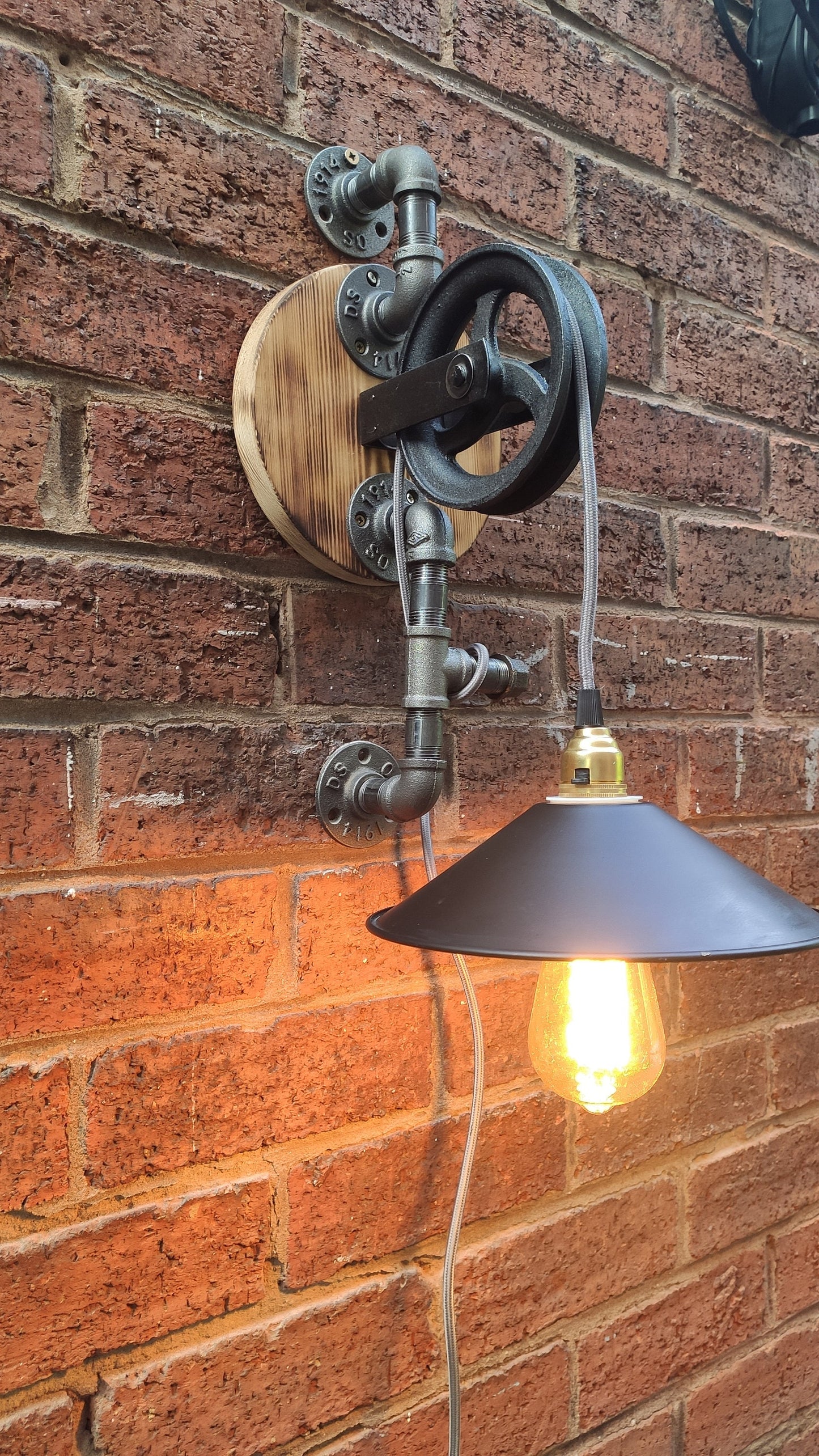 Vintage Industrial Steampunk Hanging Lamp with Red Shades and Pulley Wheel - Handmade Retro Lighting Fixture with Vintage Look