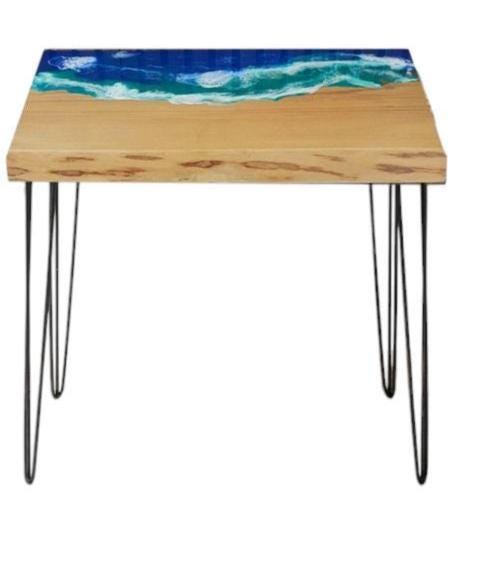 Steampunk Industrial Oak Coffee Table Resin Ocean Waves Effect Lacquered Pin Legs Design