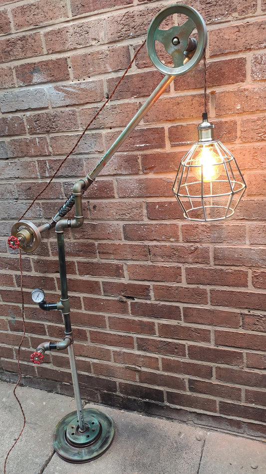 Vintage Industrial Steampunk Floor Lamp with Red Lampshade - Handmade Metal Pipe Design, Patina Finish, Edison Bulb, Easy Assembly