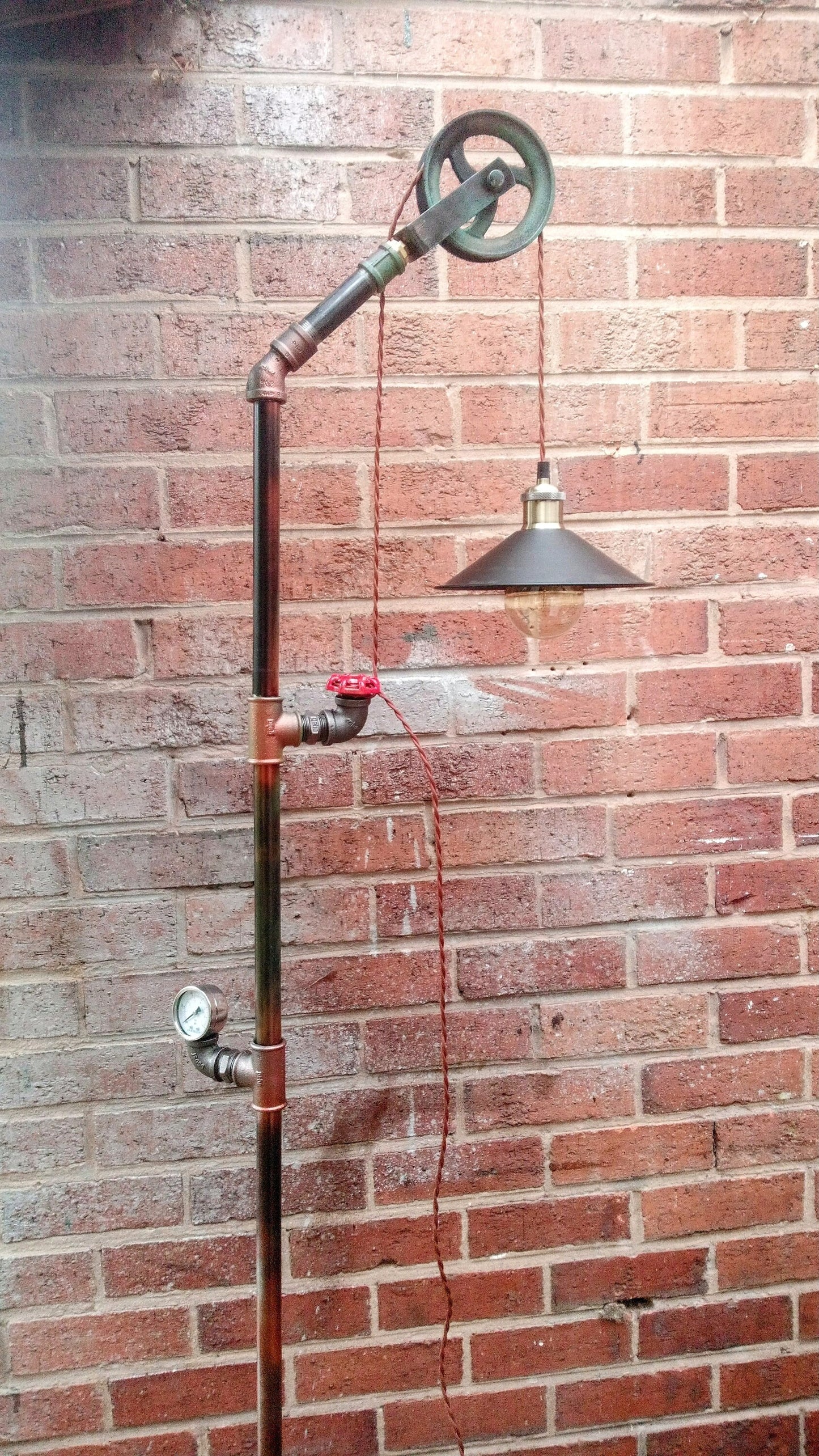 Handmade Industrial Vintage Steampunk Floor Lamp with Yellow Lampshade - Retro Pipe Design with Patina Finish - Edison Bulbs Included