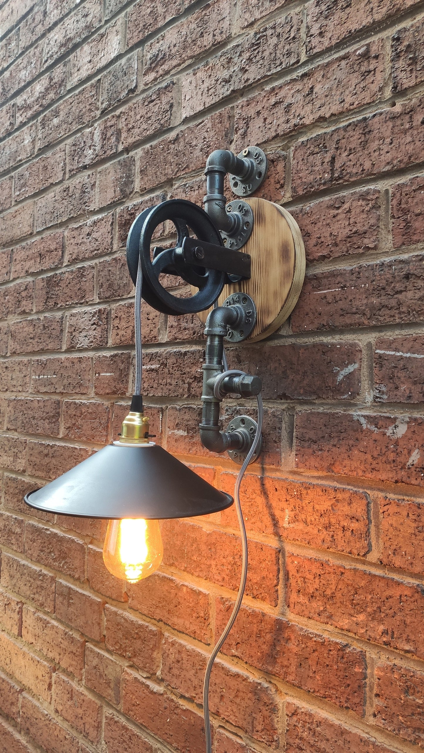 Vintage Industrial Steampunk Hanging Lamp with Red Shades and Pulley Wheel - Handmade Retro Lighting Fixture with Vintage Look
