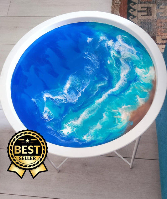 Unique Coastal Resin Top Metal Tray Table - Contemporary Bedside Coffee Table with Seaside Design