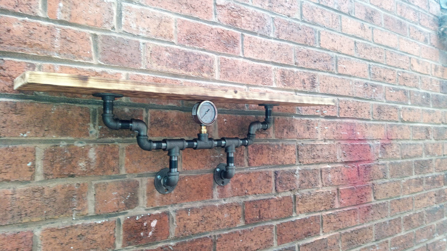 Steampunk Industrial Retro Shelf - Handcrafted Pine Burned Wood & Steel Pipe Design - Quirky Home Decor Piece with Wax Oil Finish