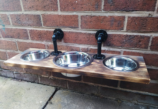 Modern Handmade Hanging Pet Feeder | Black Pipe and Wood Design | Personalized Engraving | Small or Medium Bowl Options