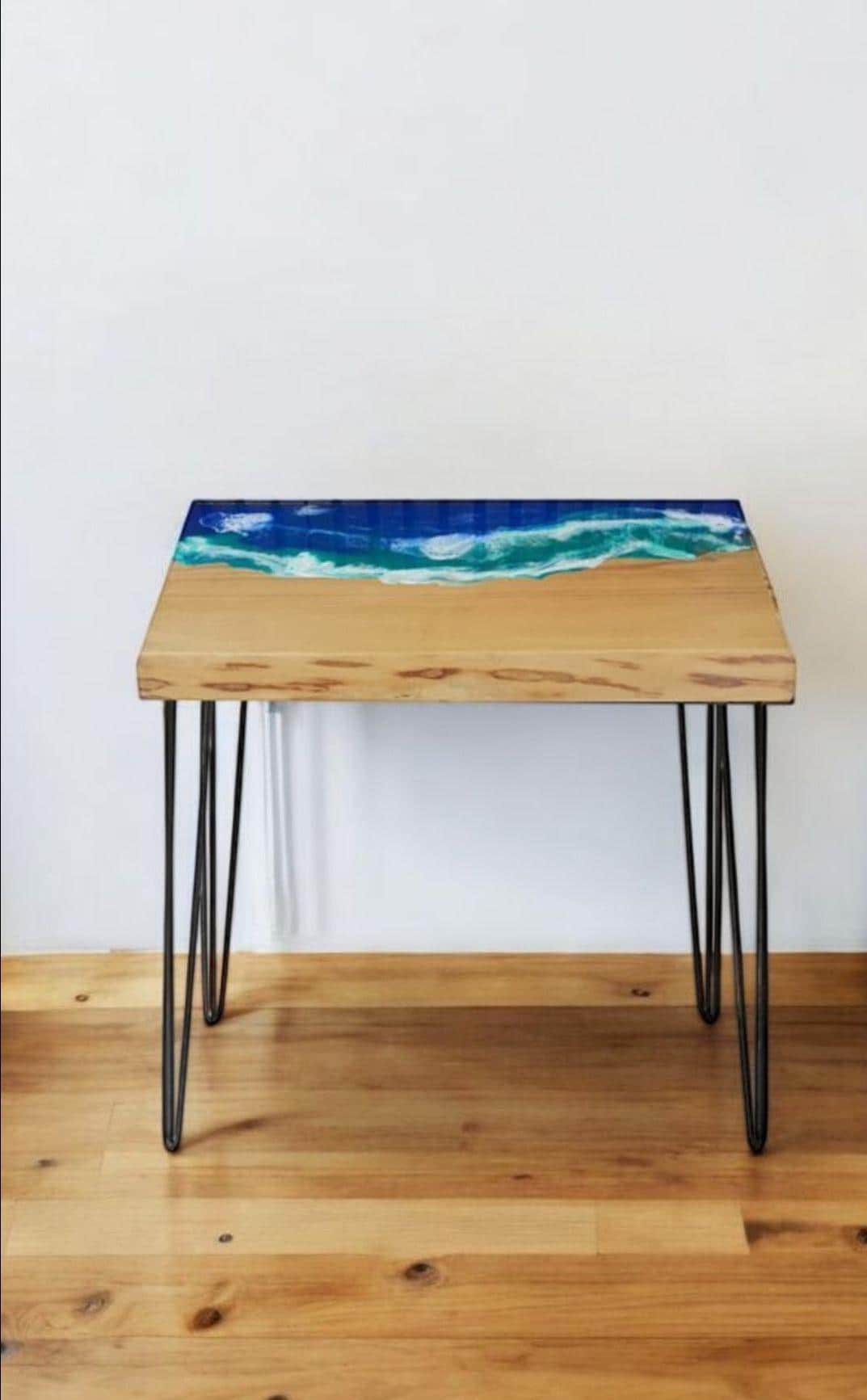 Steampunk Industrial Oak Coffee Table Resin Ocean Waves Effect Lacquered Pin Legs Design