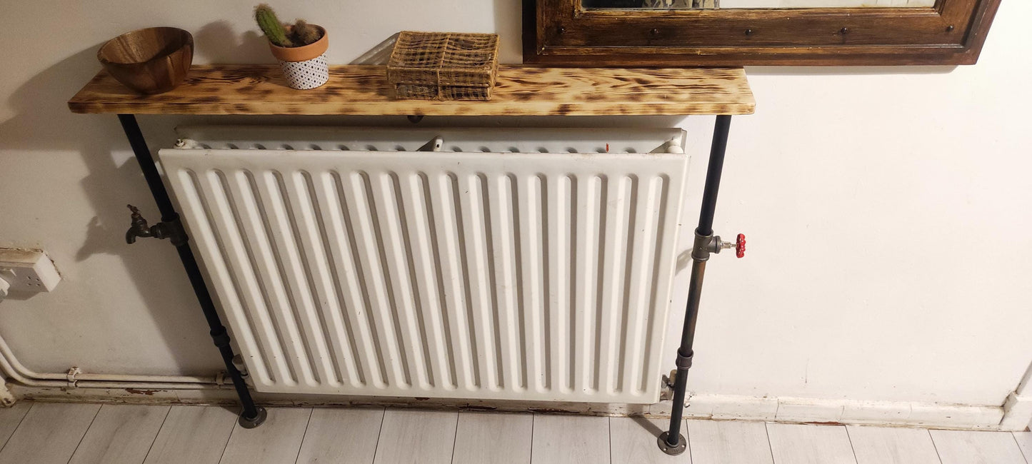 Industrial Burned Pine Wood Radiator Table with Industrial Pipe Legs and Quirky Design - Custom Size Options Available