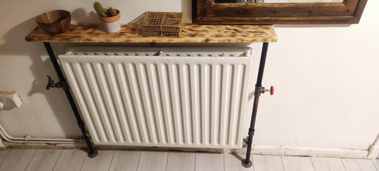 Industrial Burned Pine Wood Radiator Table with Industrial Pipe Legs and Quirky Design - Custom Size Options Available
