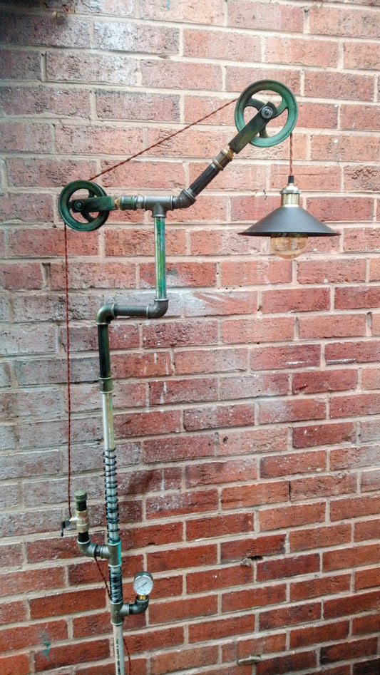 Retro Industrial Steampunk Vintage Floor Lamp with Yellow Lampshade - Handmade Metal Pipe Lamp with Patina Finish, Edison Bulbs Included