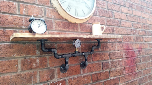 Steampunk Industrial Retro Shelf - Handcrafted Pine Burned Wood & Steel Pipe Design - Quirky Home Decor Piece with Wax Oil Finish