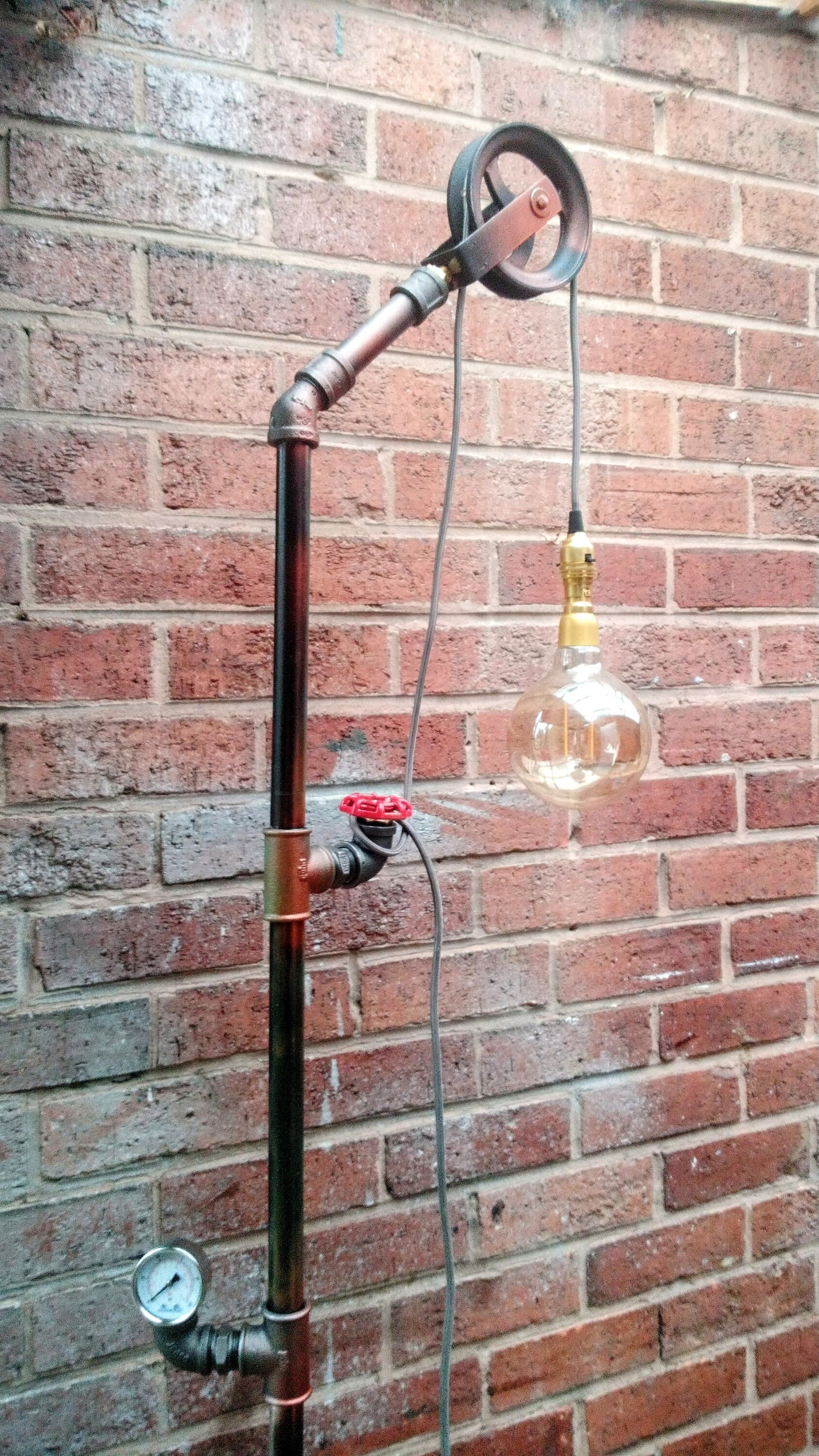 Handmade Industrial Vintage Steampunk Floor Lamp with Yellow Lampshade - Retro Pipe Design with Patina Finish - Edison Bulbs Included