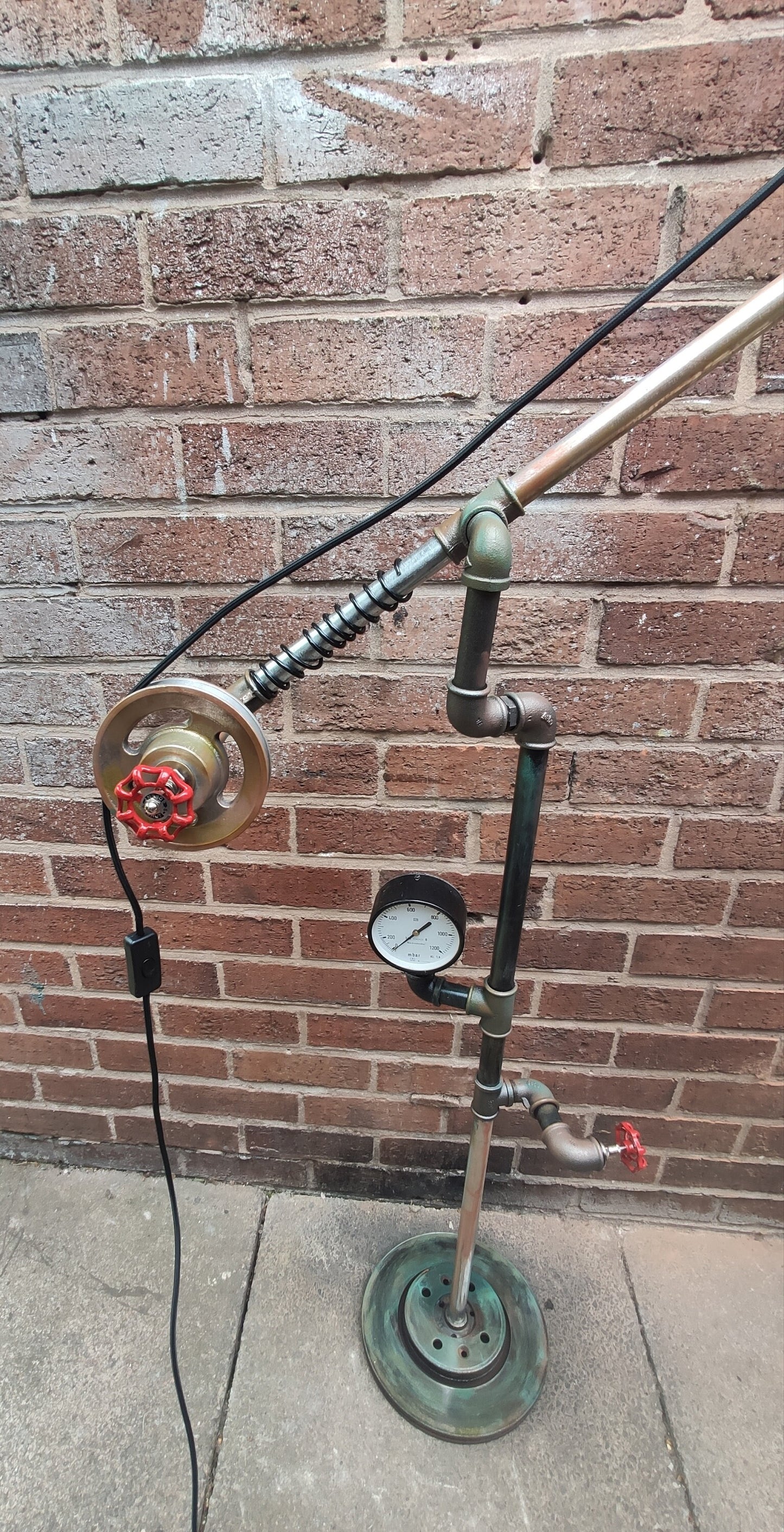 Retro Industrial Steampunk Floor Lamp with Red Lampshades - Handmade Vintage Pipe and Pulley Design - Metal Iron Construction, Patina Finish