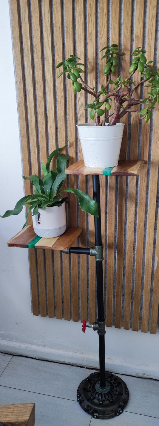 Industrial Pipe Plant Stand with Acacia Resin Wood - Vintage Retro Home Decor Accent Piece