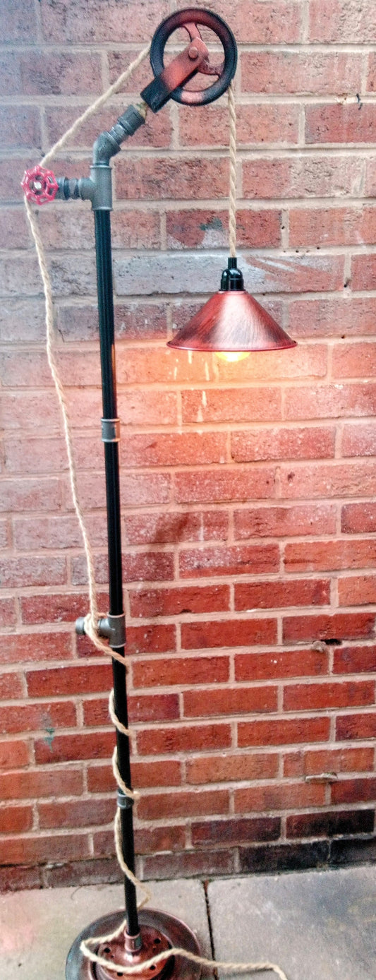 Handmade Industrial Steampunk Vintage Floor Lamp with Yellow Lampshade - Retro Pipe Design, Metal Material, Antique Edison Bulbs, Vintage