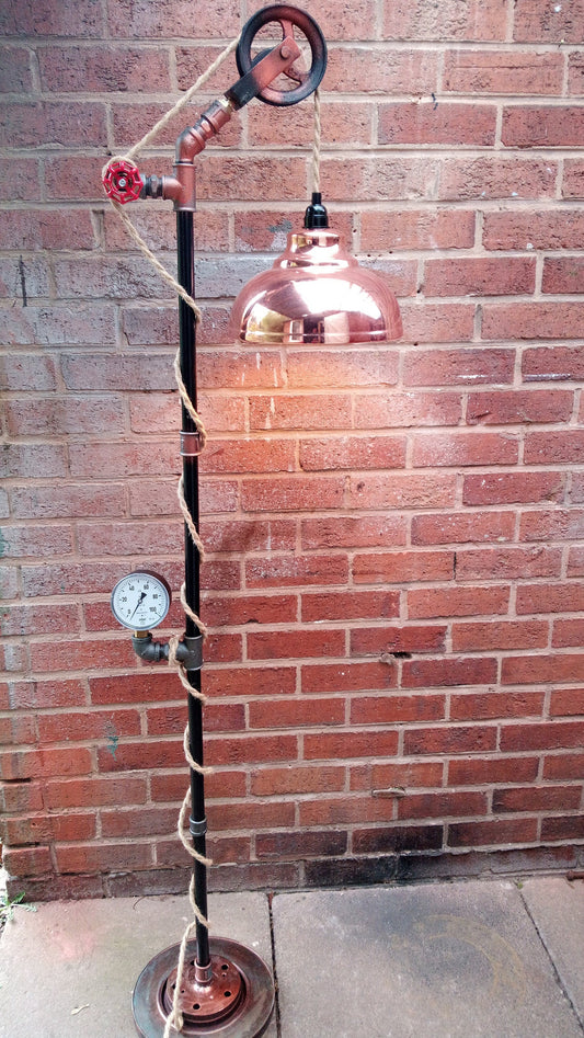 Vintage Industrial Steampunk Floor Lamp with Yellow Lampshade - Handmade Metal Retro Pipe Lamp with Antique Bulbs and Switch