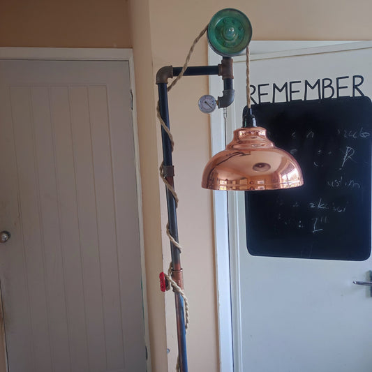 Vintage Industrial Steampunk Floor Lamp with Yellow Lampshade & Edison Bulbs