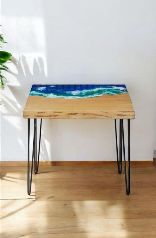 Steampunk Industrial Oak Coffee Table Resin Ocean Waves Effect Lacquered Pin Legs Design