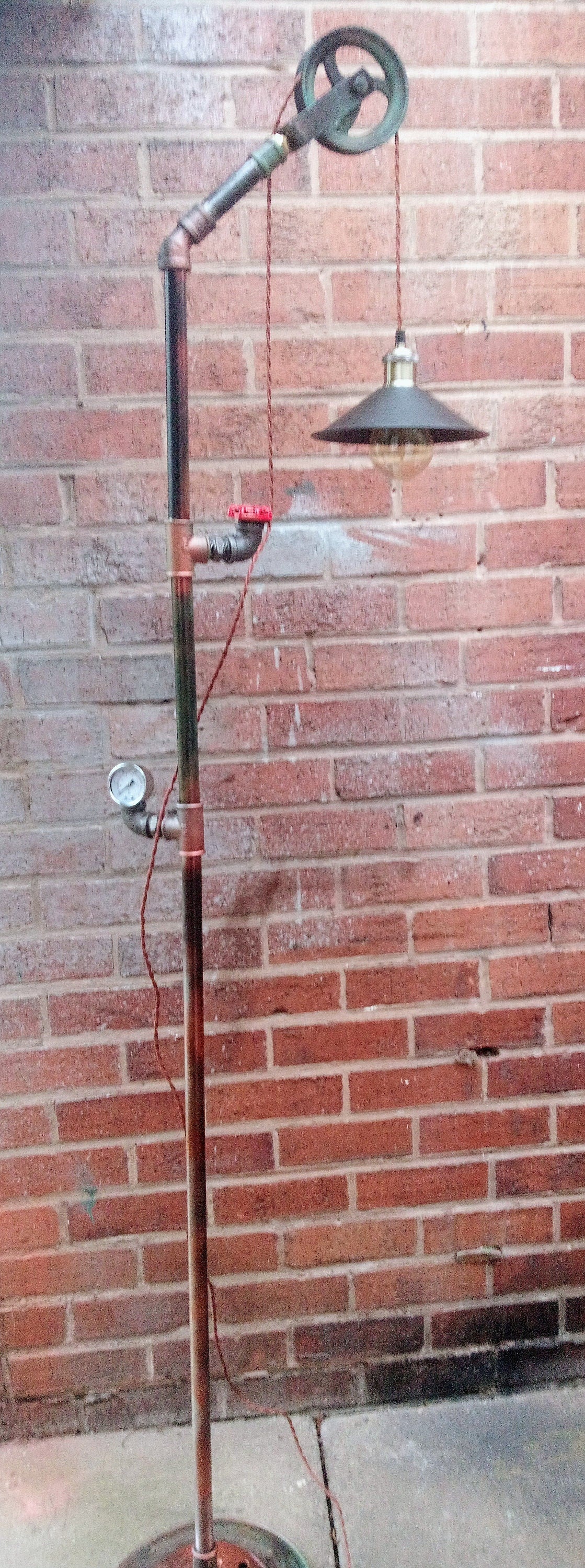 Handmade Industrial Vintage Steampunk Floor Lamp with Yellow Lampshade - Retro Pipe Design with Patina Finish - Edison Bulbs Included