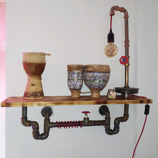 Handcrafted Steampunk Industrial Retro Shelf with Pine Wood and Steel Pipe Design