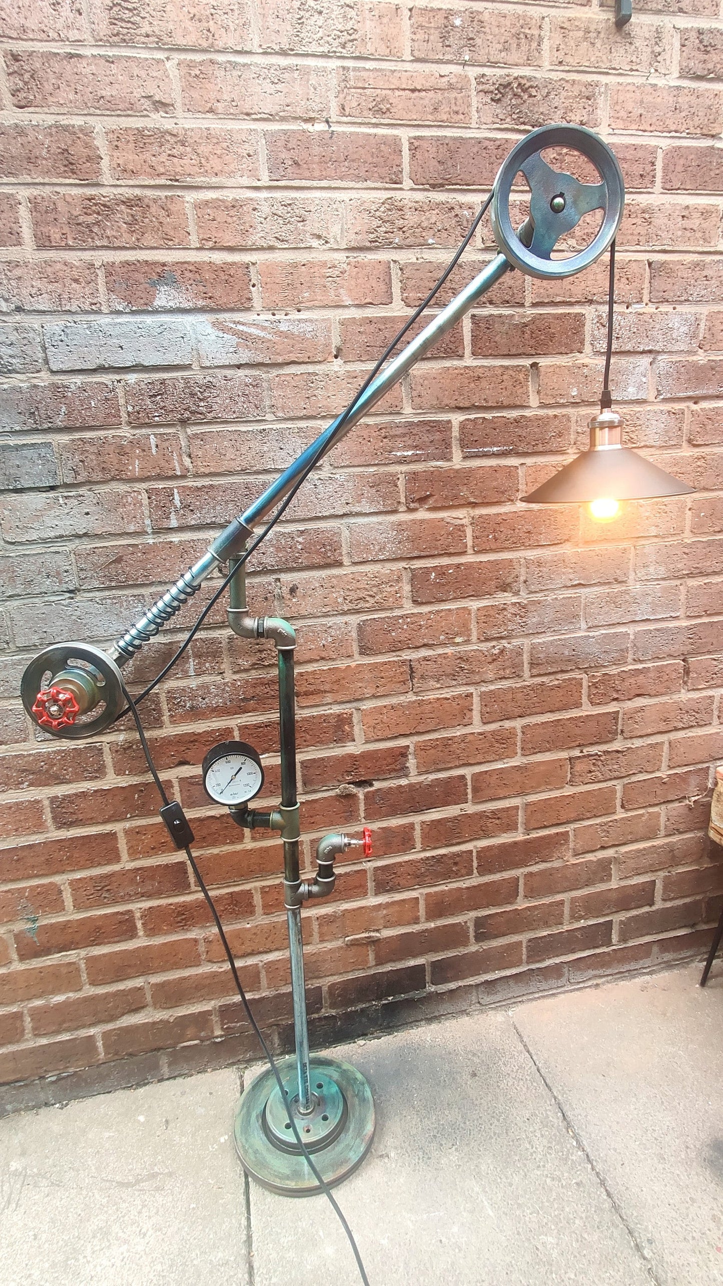Vintage Industrial Steampunk Floor Lamp with Red Lampshades - Handmade Retro Pipe Pulley Wheel Lighting Fixture - Metal Iron Material