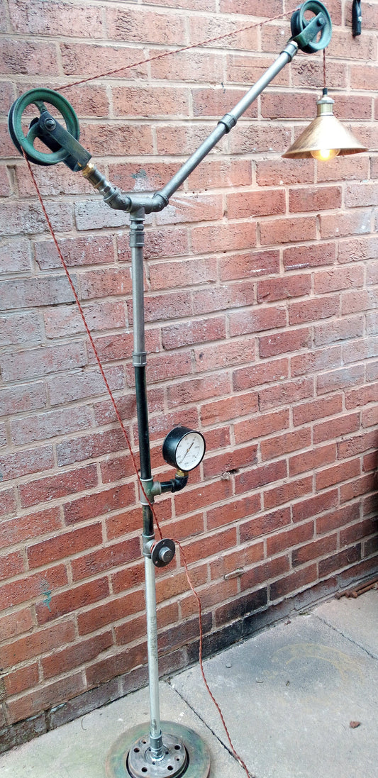 Handmade Industrial Steampunk Floor Lamp with Yellow Lampshade for Vintage Home Decor or Office Lighting - Retro Pipe Design with Iron