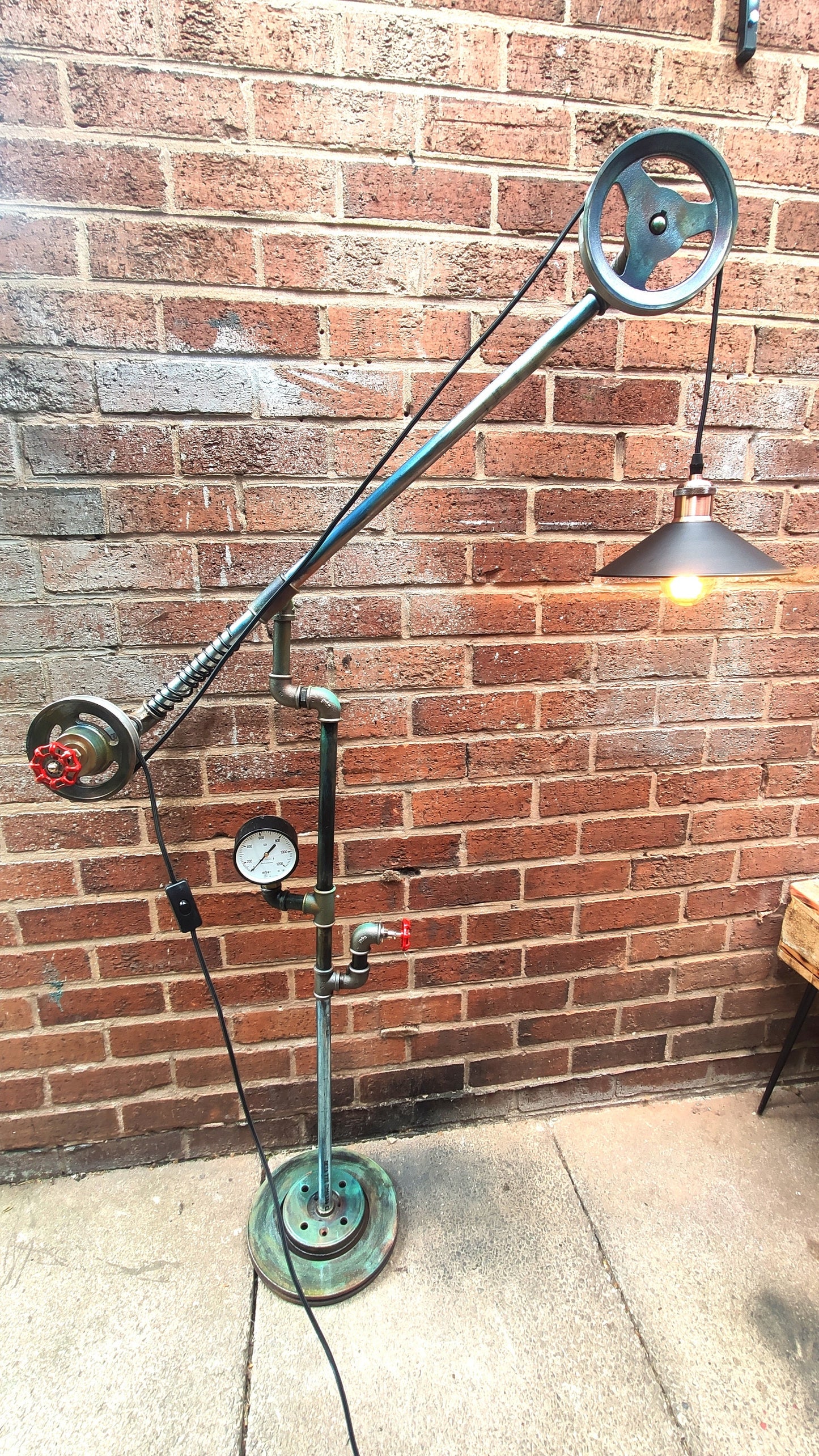Vintage Industrial Steampunk Floor Lamp with Red Lampshades - Handmade Retro Pipe Pulley Wheel Lighting Fixture - Metal Iron Material