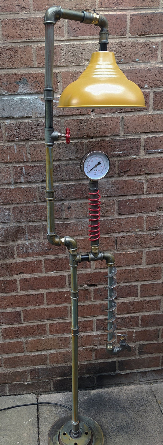 Handmade Industrial Steampunk Vintage Floor Lamp with Blue Lampshade - Retro Pipe Design - 2x E27 Antique Bulbs - Easy to Operate Switch
