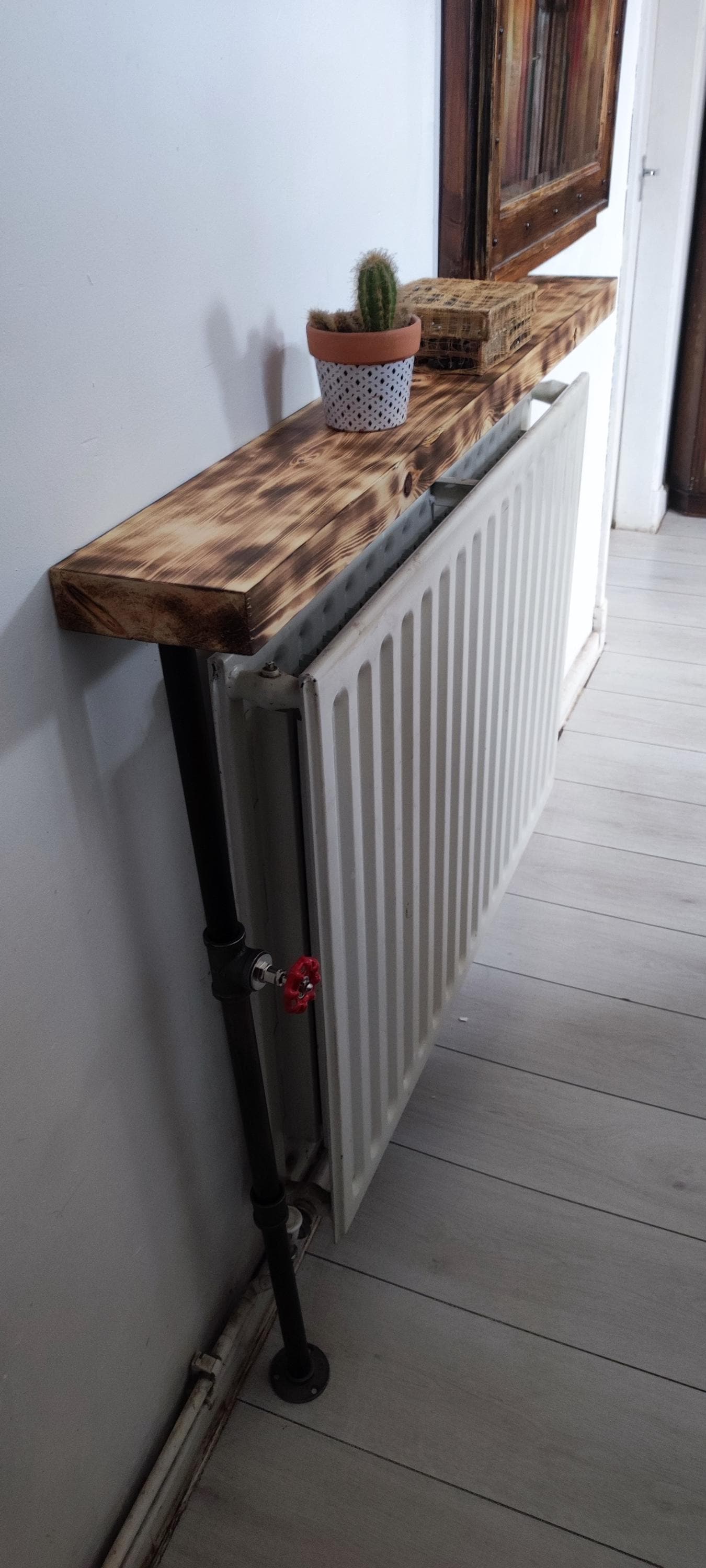 Industrial Burned Pine Wood Radiator Table with Industrial Pipe Legs and Quirky Design - Custom Size Options Available