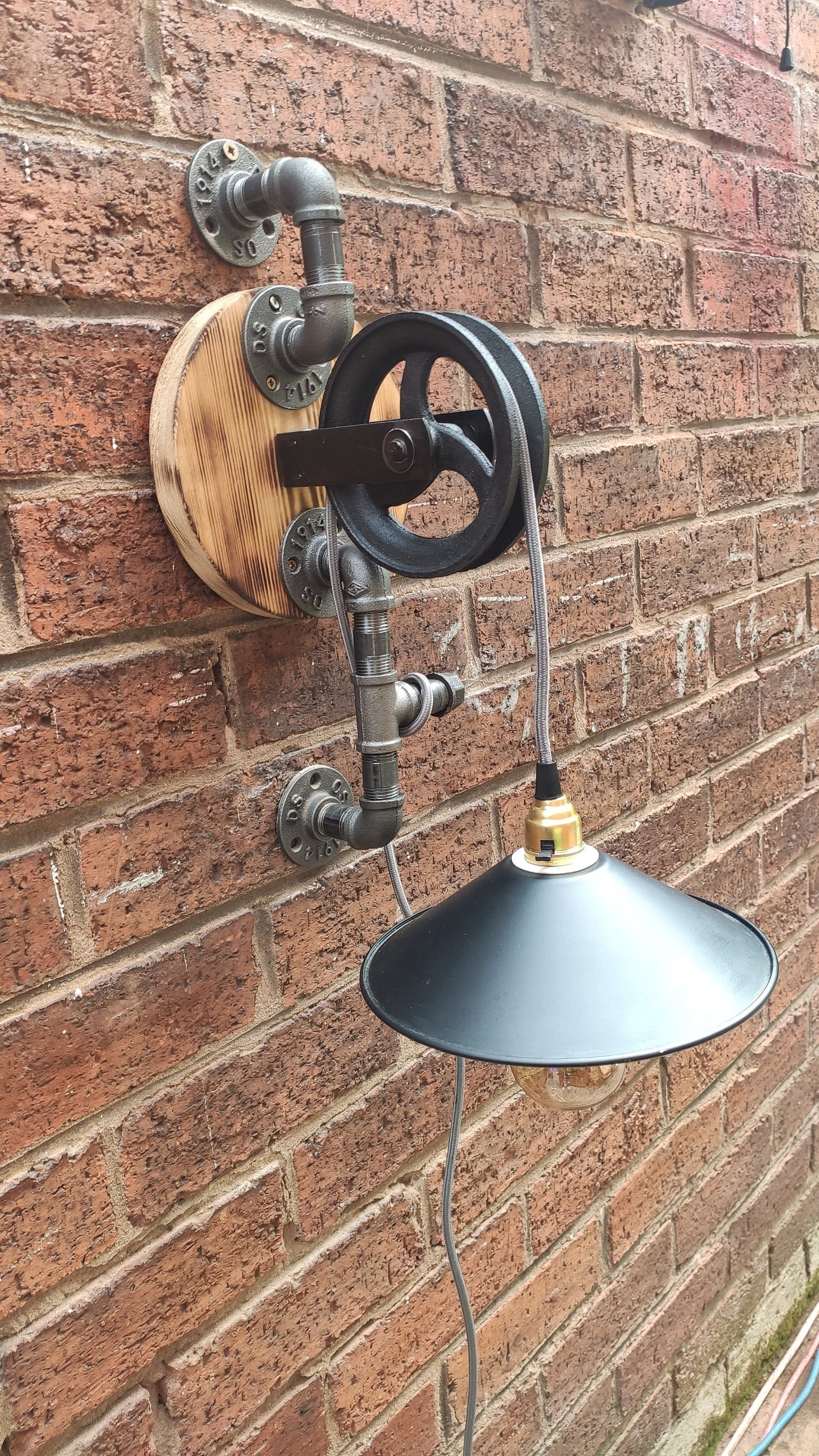 Vintage Industrial Steampunk Hanging Lamp with Red Shades and Pulley Wheel - Handmade Retro Lighting Fixture with Vintage Look
