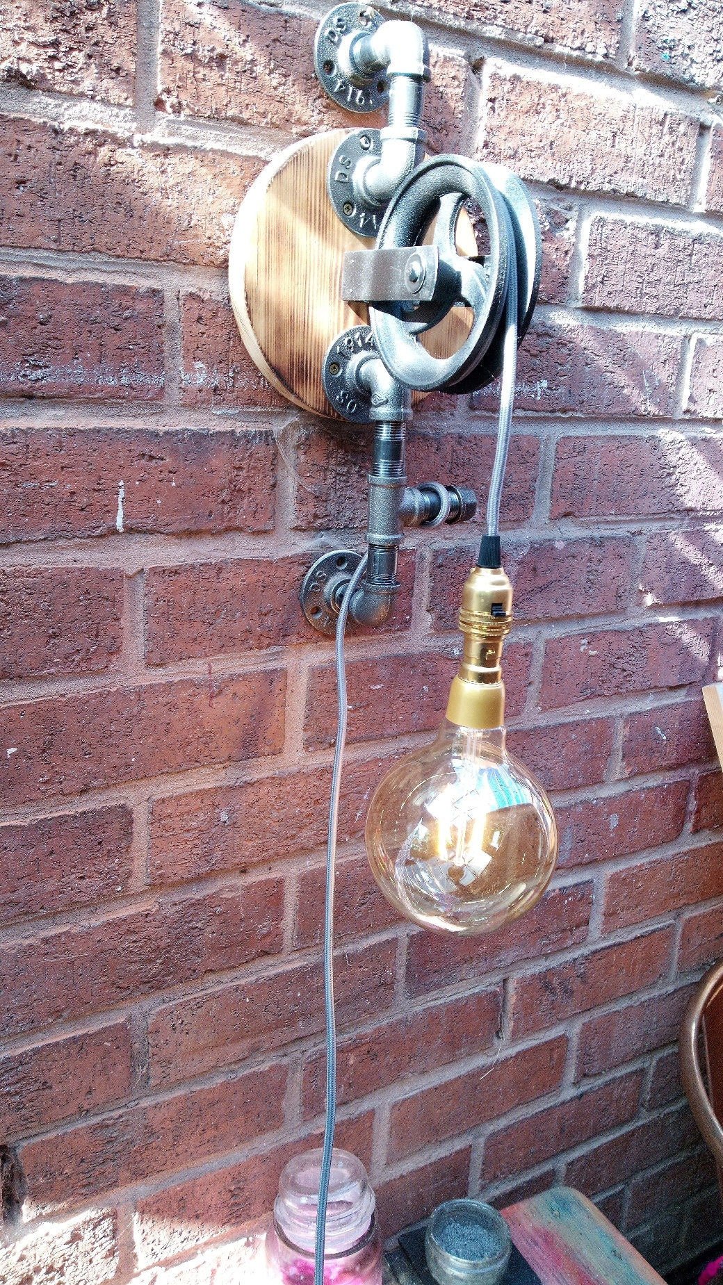 Retro Industrial Steampunk Hanging Lamp with Vintage Style Pulley Wheel & Big Bulb, Handmade Metal Pipe Fixture with Patina Finish