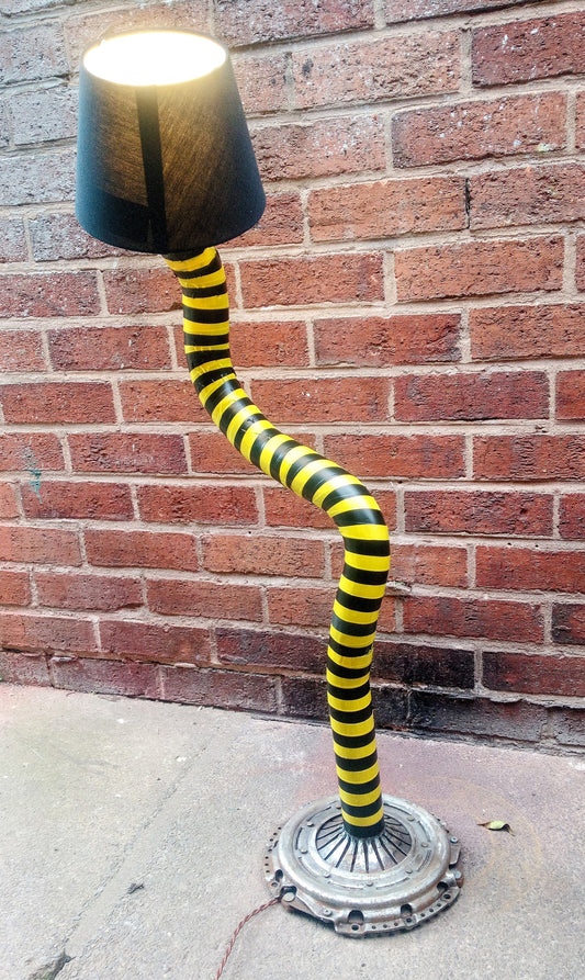 Vintage Industrial Stripe Metal Floor Table Lamp - Handmade Retro Steampank Art with Edison Bulb and Lampshade - Black Metal Patina Finish