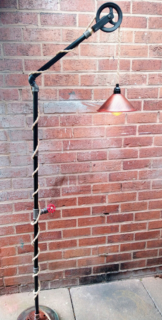 Steampunk Industrial Pipe Floor Lamp with Vintage Yellow Lampshade