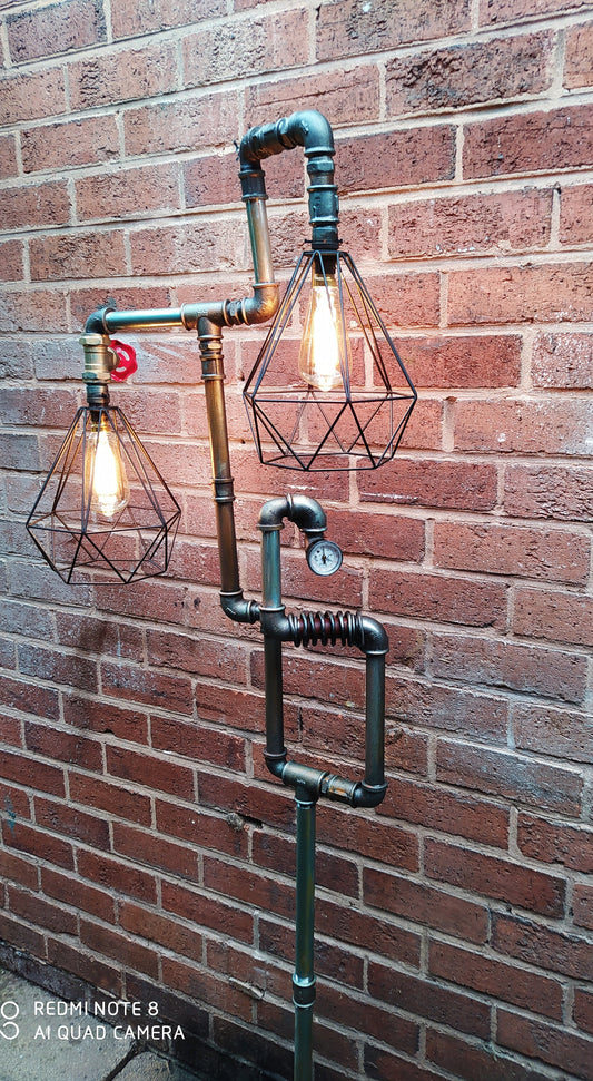 Vintage Steampunk Metal Pipe Floor Lamp with Cage Lampshade - Retro Industrial Handmade Lighting Fixture