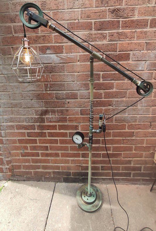 Vintage Industrial Steampunk Floor Lamp with Red Lampshades | Handmade Retro Pipe Design with Pulley Wheel | Iron Material with Vintage