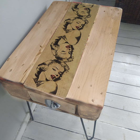 Unique Steampunk Industrial Recycled Pallet Coffee Table with Metal Pin Legs | Quirky Burned & Painted Design | Customizable Leg Height