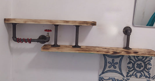 Steampunk Industrial Retro Shelves | Pine Wood & Steel Pipe | Quirky Home Decor | Wax Oil Coated | Unique Design for Any Room