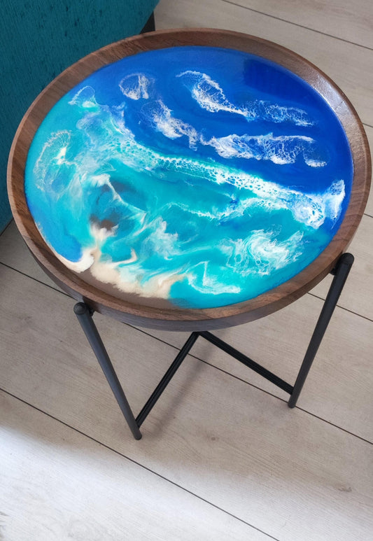 Seaside-Inspired Tray Table | Modern Coastal Bedside Table with Removable Top and Ocean Waves Resin Design