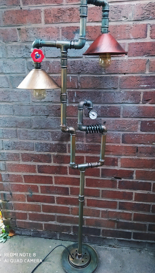 Vintage Industrial Steampunk Pipe Floor Lamp with Edison Bulbs and Vintage Patina Finish