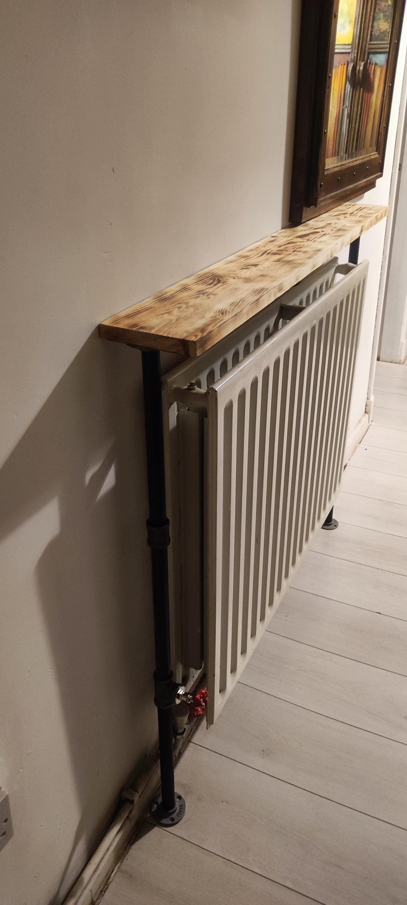 Industrial Burned Pine Wood Radiator Table with Industrial Pipe Legs and Quirky Design - Custom Size Options Available