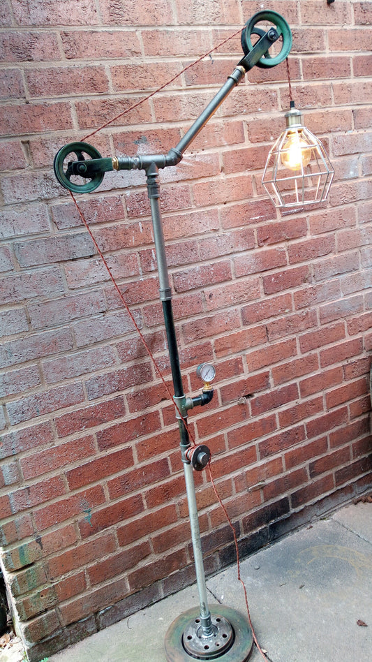 Handmade Industrial Steampunk Pipe Floor Lamp with Vintage Yellow Lampshade
