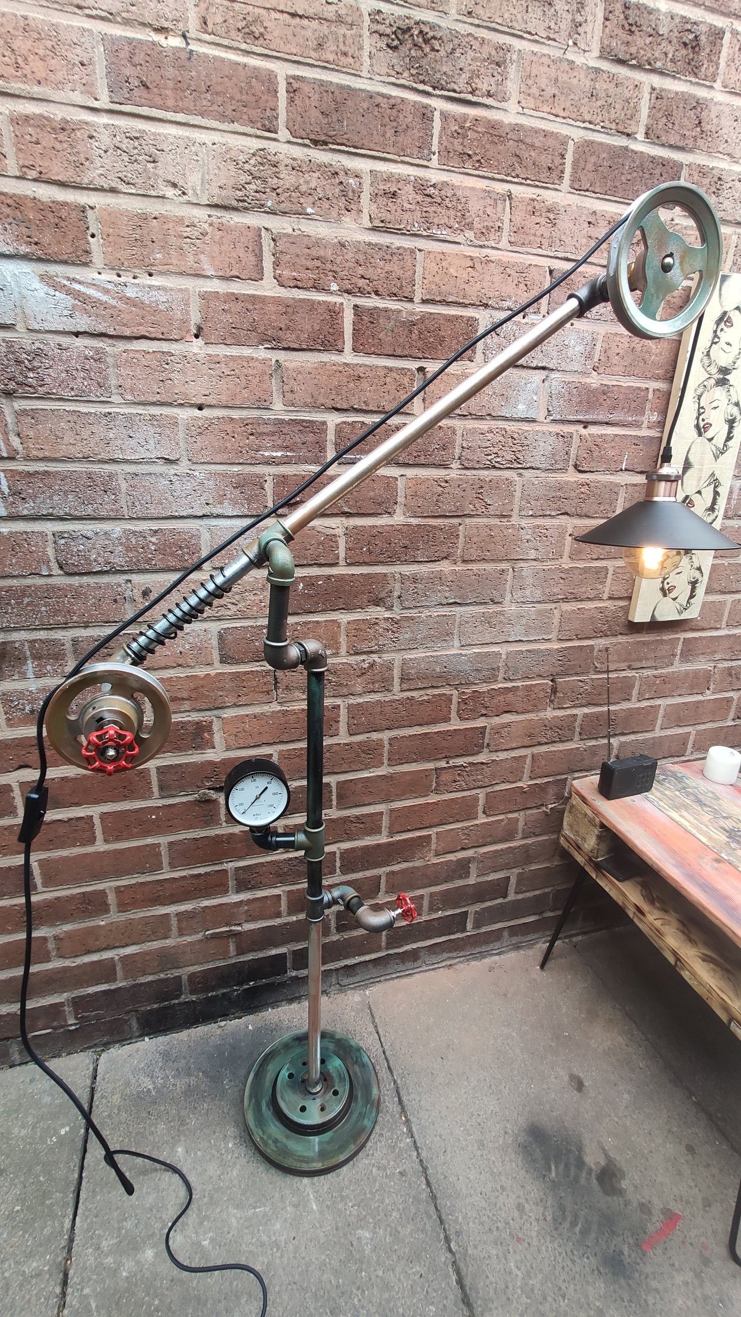 Retro Industrial Steampunk Floor Lamp with Red Lampshades - Handmade Vintage Pipe and Pulley Design - Metal Iron Construction, Patina Finish