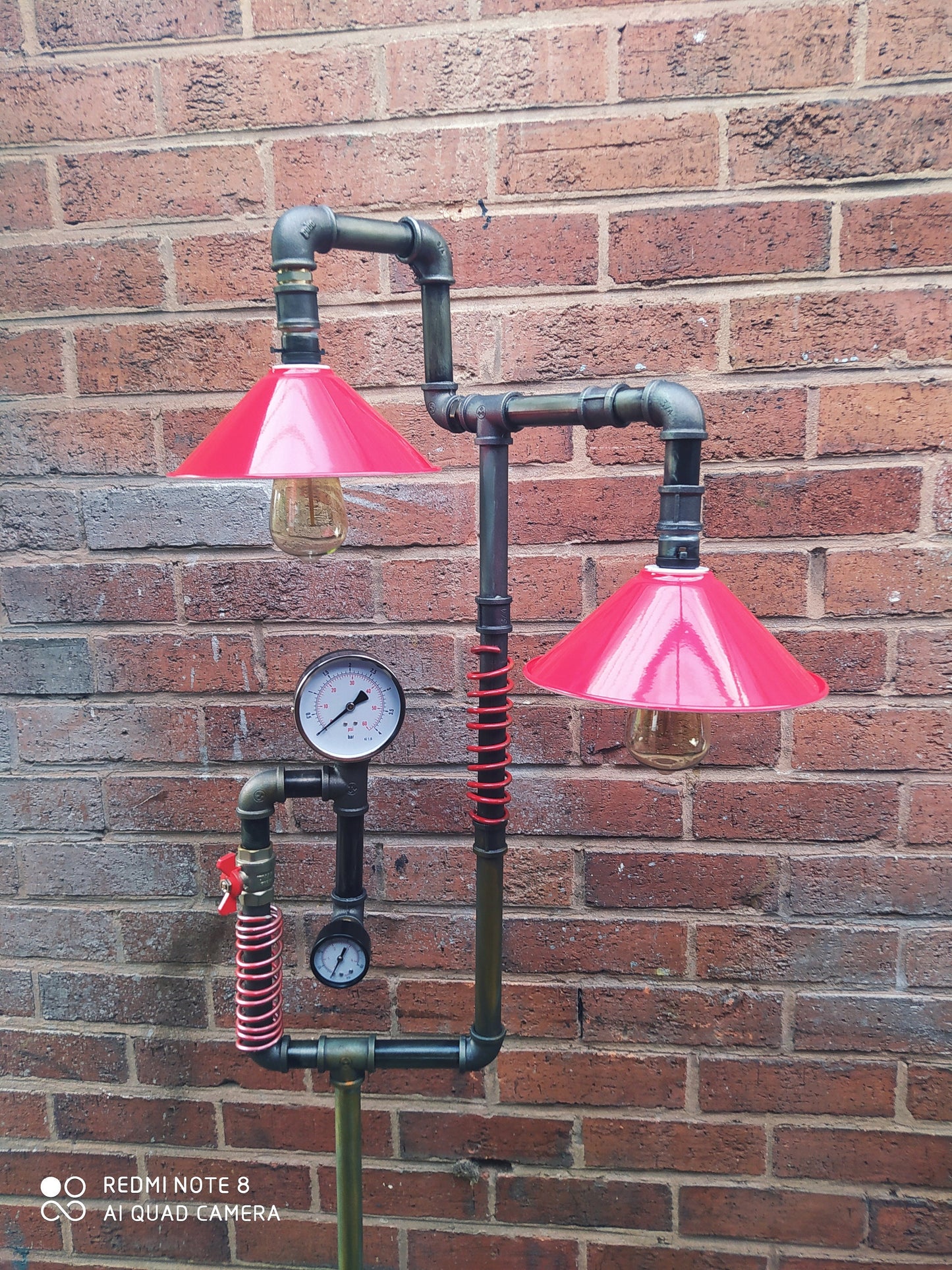Retro Industrial Steampunk Vintage Floor Lamp with Red Lampshade - Handmade Iron Pipe Lamp with Vintage Patina Finish - Edison Bulbs and