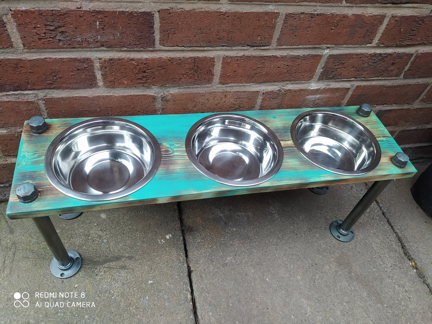 Handmade Industrial 3 Bowl Dog Feeder with Personalization Option