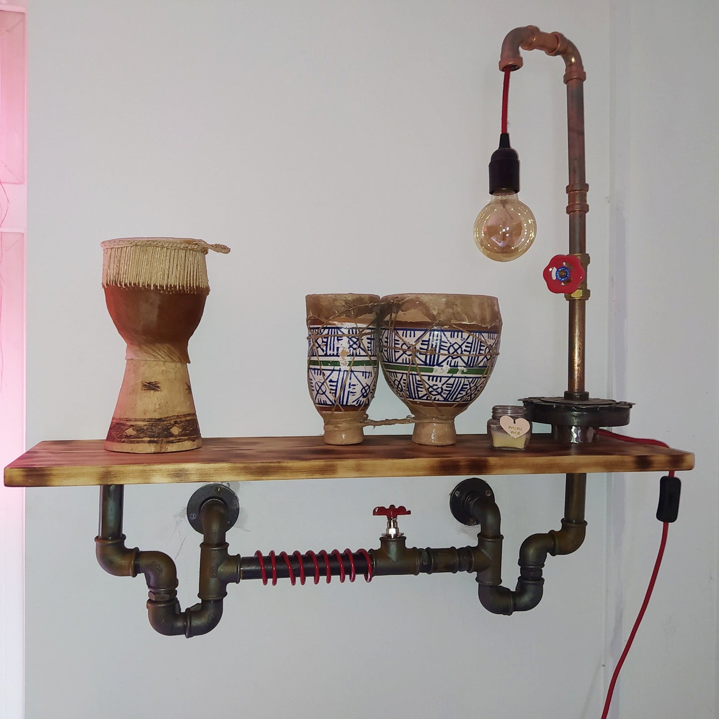 Handcrafted Steampunk Industrial Retro Shelf with Pine Wood and Steel Pipe Design