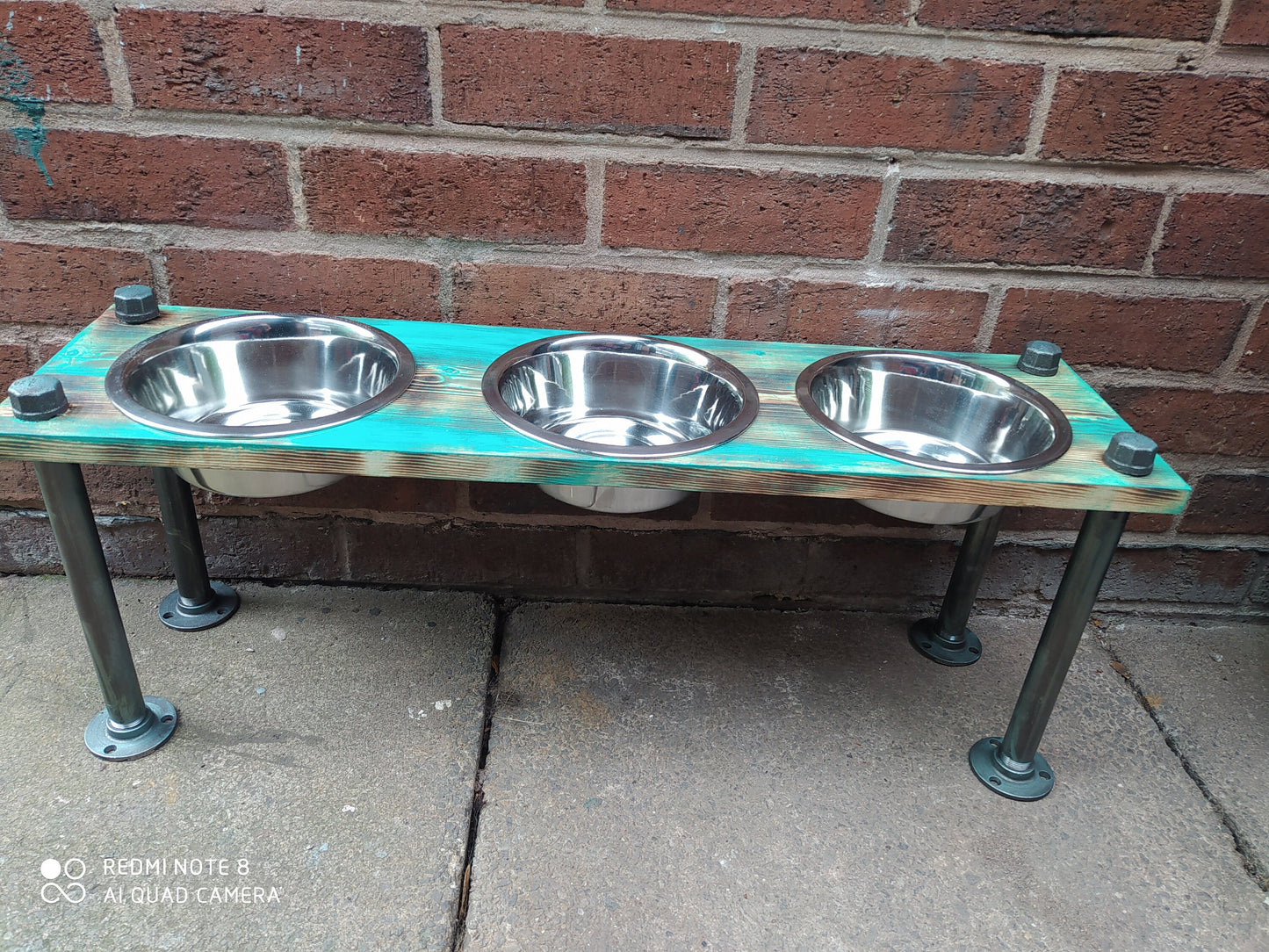 Handmade Industrial 3 Bowl Dog Feeder with Personalization Option