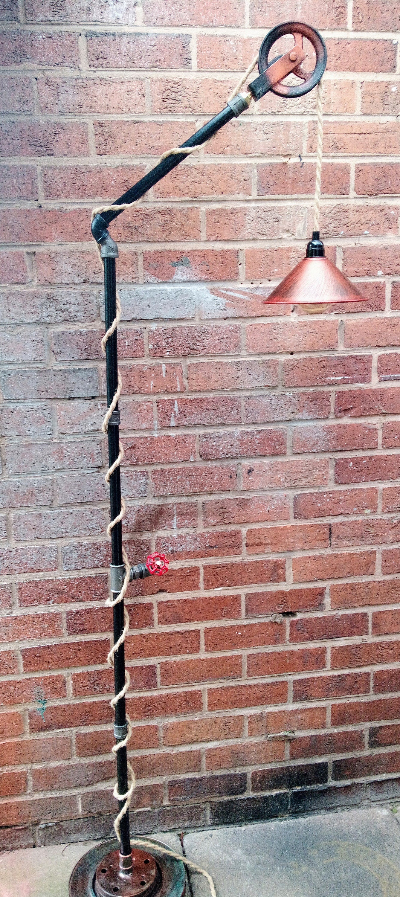 Steampunk Industrial Pipe Floor Lamp with Vintage Yellow Lampshade