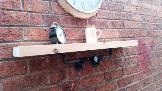 Handcrafted Steampunk Industrial Retro Style Shelves made from Pine Wood and Steel Pipe for Quirky Home Decor