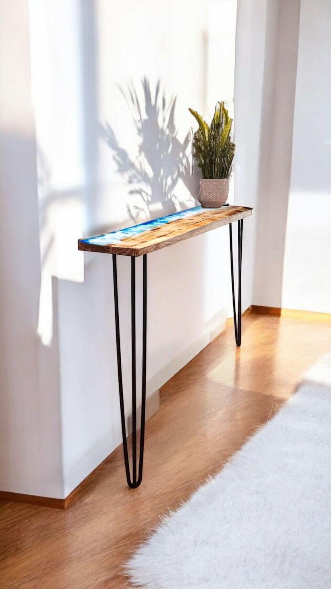 Handmade Industrial Burned Pine Wood Ocean Console Table with Pin Legs - Custom Sizes Available