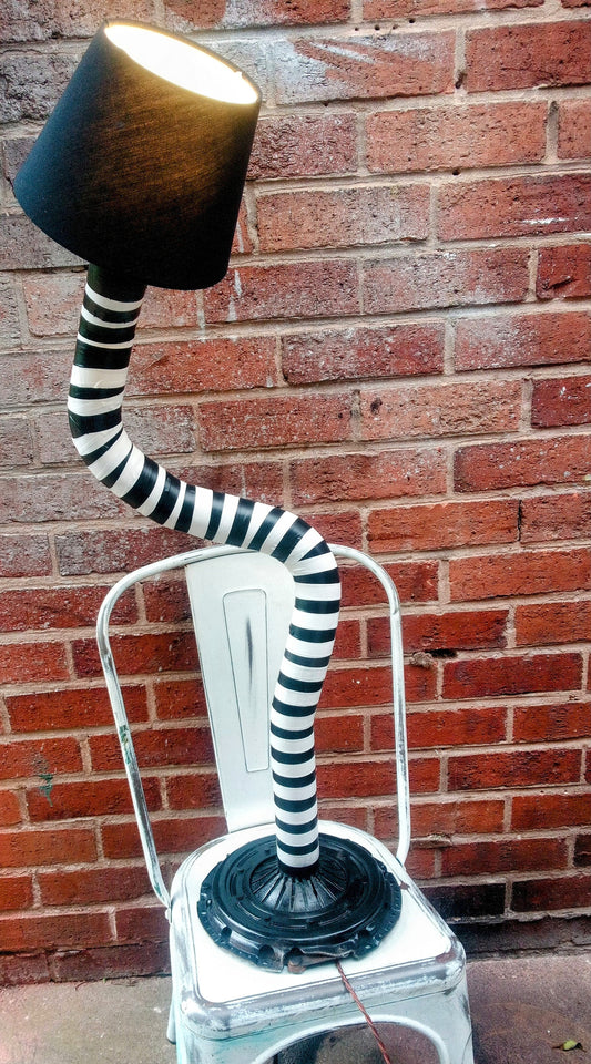 Vintage Industrial Metal Floor Lamp with Retro Stripe Art and Recycling Design - Handmade Lighting Fixture for Home or Office